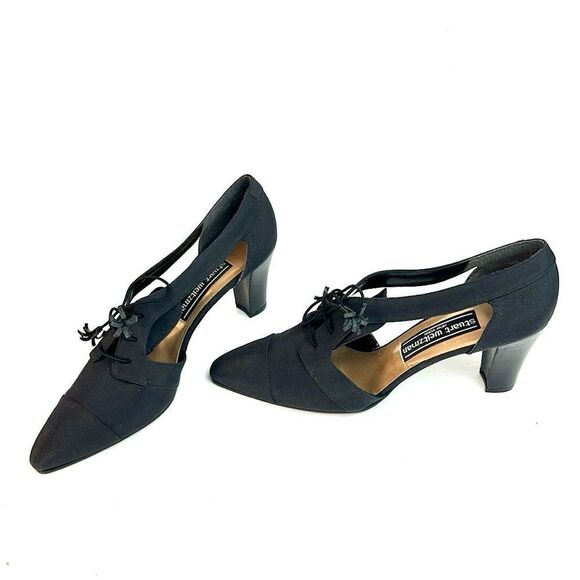 NWOB STUART WEITZMAN Black Satin Pumps Heels Lace Up Pointed Toe size 8 Narrow - Picture 2 of 12